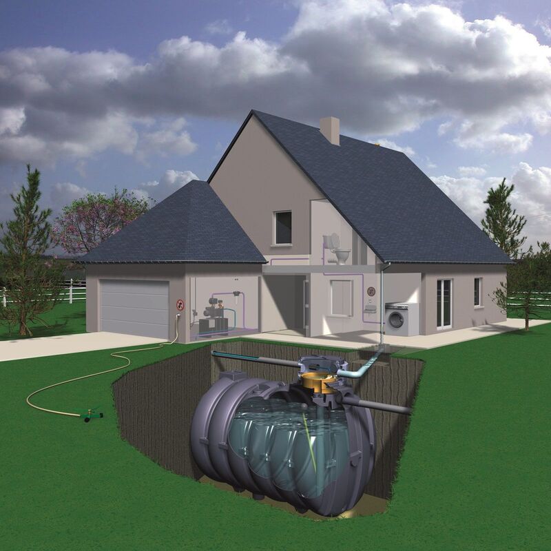 Vue en 3D d'une maison avec microstation et cuve de récupération d'eau de pluie